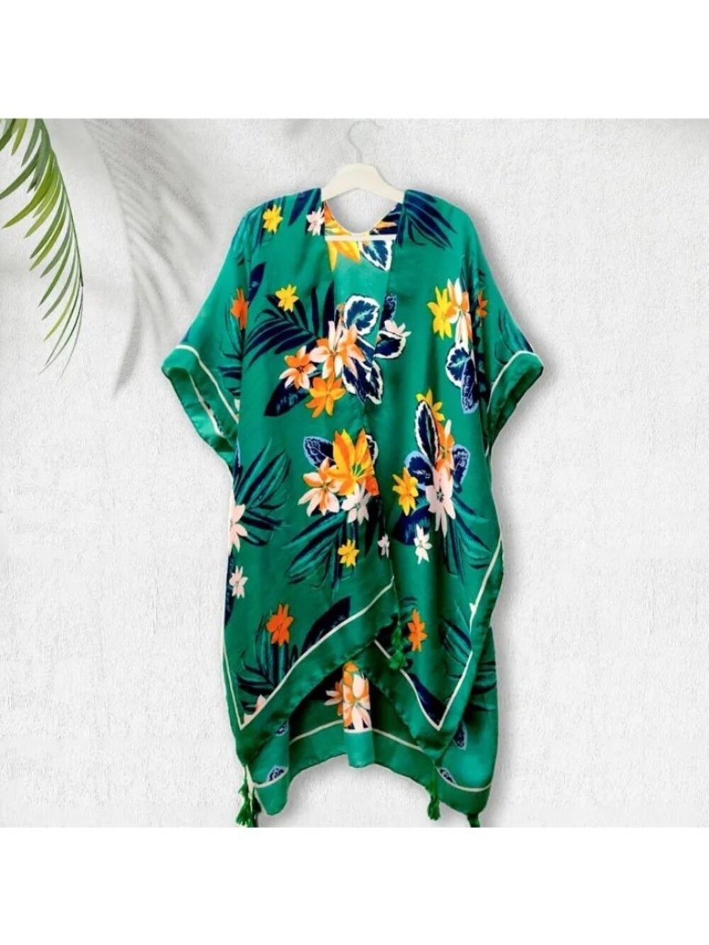 Floral Kimono Cardigan Tassels Open Front Cover-Up Vibrant Green Beach Cruise